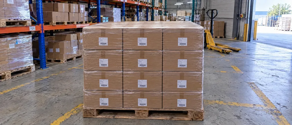 Verpackte Palette mit geschlossenen Kartons im Lager