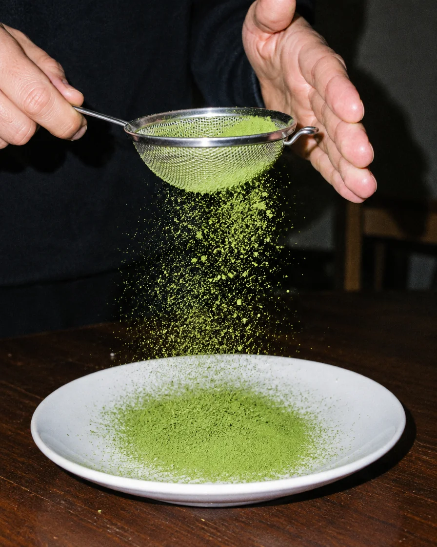Matcha poeder wordt door een zeefje op een bord gestrooid