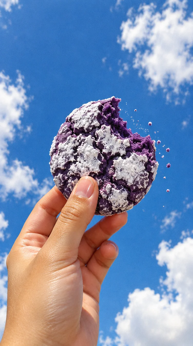 A hand holding up an ube crinkle cookie against a blue sky