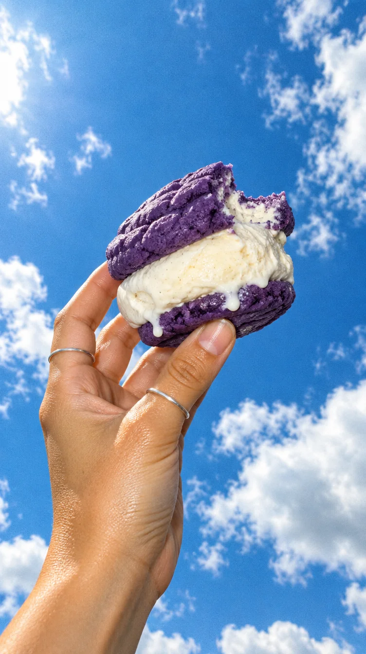 IJssandwich met paarse ube koekjes, omhooggehouden tegen de lucht