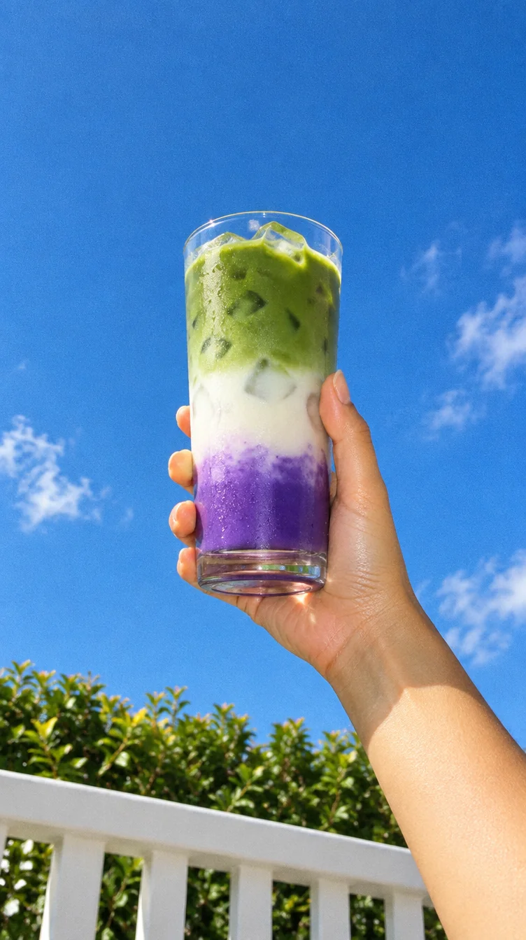 Glas Ube Matcha Latte mit lila und grüner Schicht vor blauem Himmel