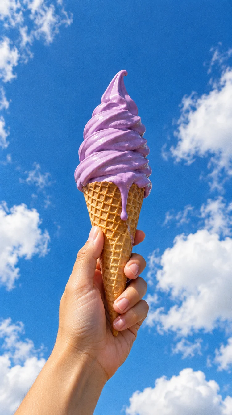 Hoorntje met paars ube softijs tegen een blauwe lucht