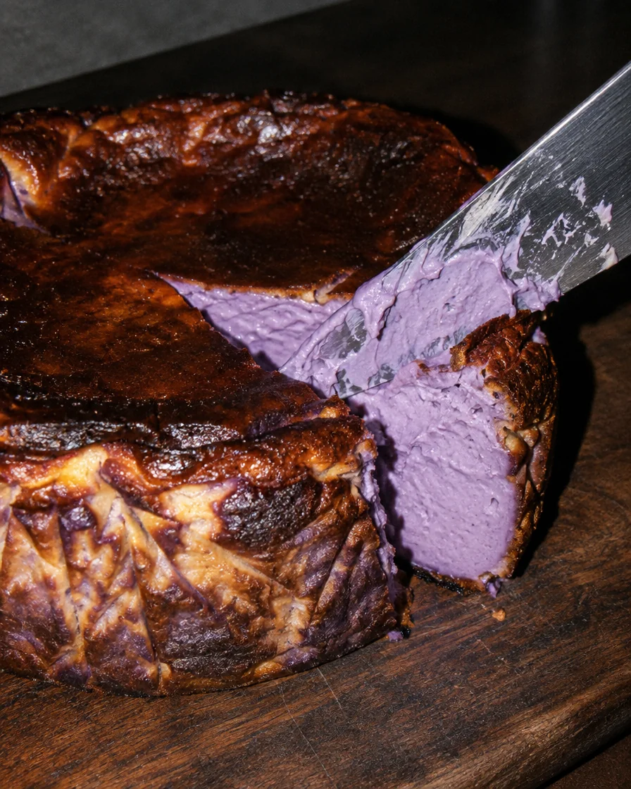 A knife cutting into a whole ube cheesecake, showing the purple inside