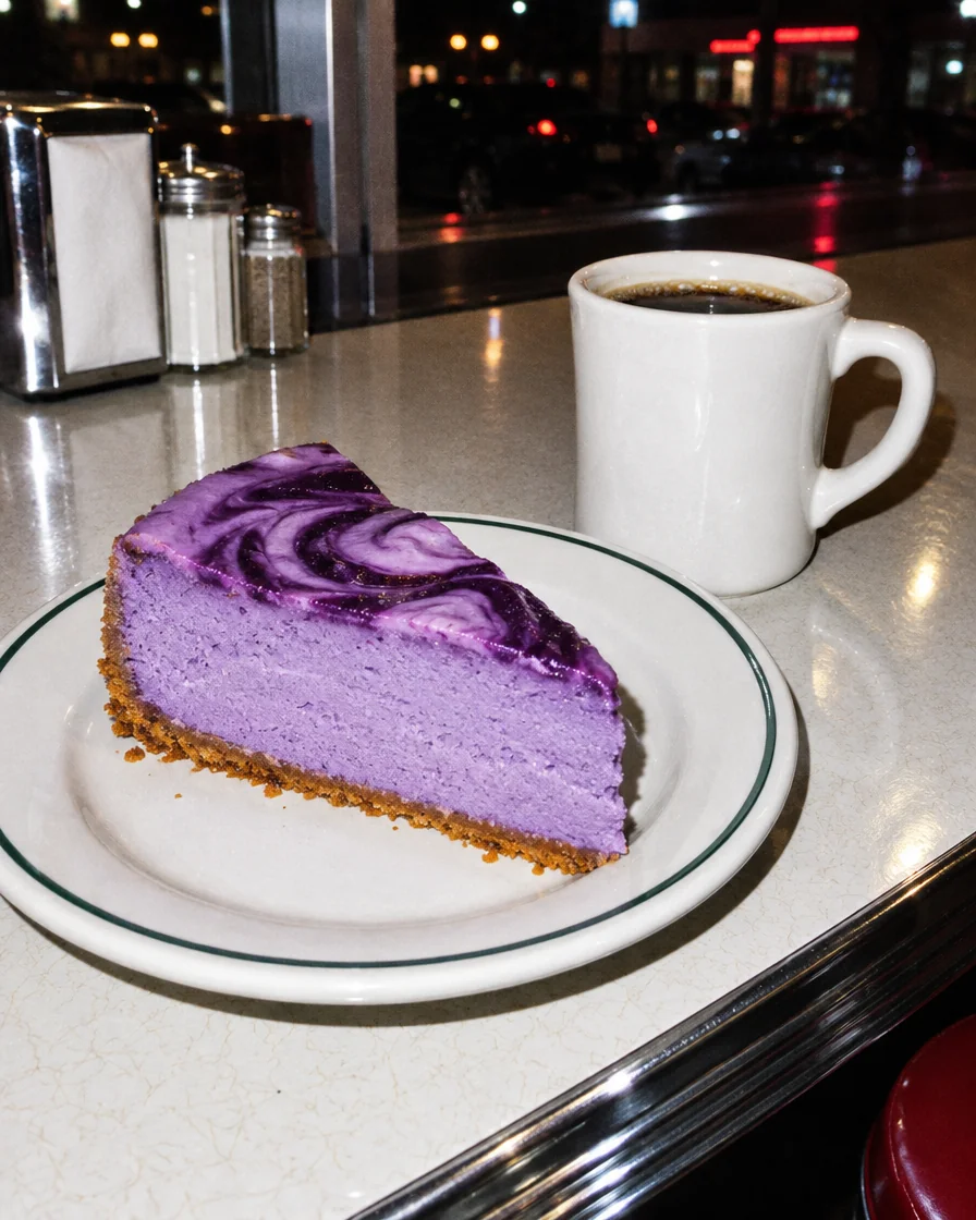 A slice of ube cheesecake next to a mug of coffee