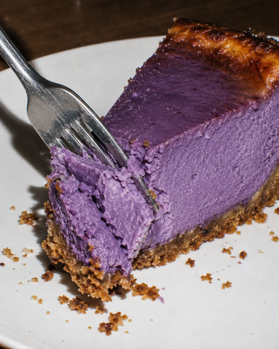 A slice of baked ube cheesecake with a biscuit base, a fork cutting into the purple filling