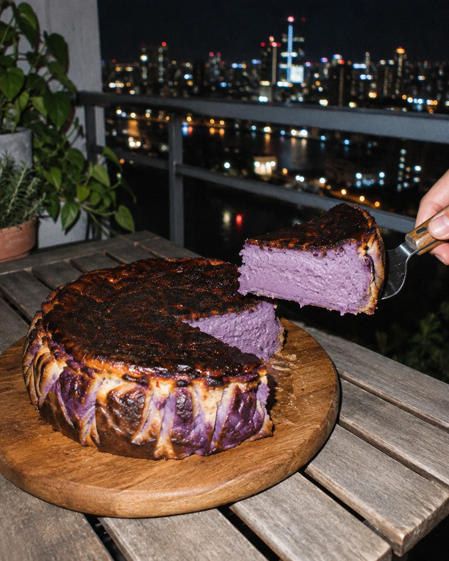 A slice being lifted out of a whole ube cheesecake on a wooden board
