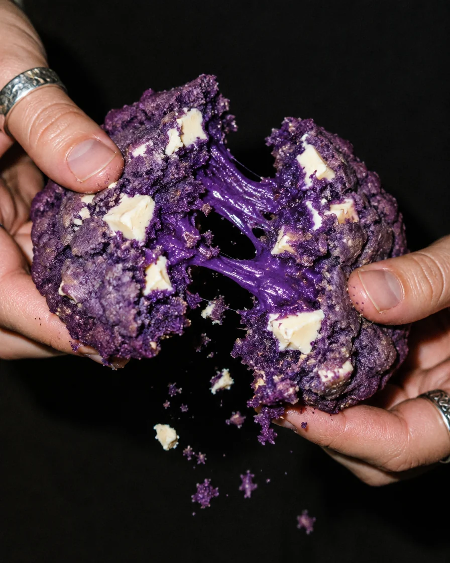 Hands pulling apart a chewy ube cookie with white chocolate