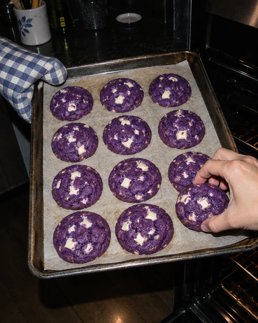 A tray of chewy ube cookies with white chocolate coming out of the oven