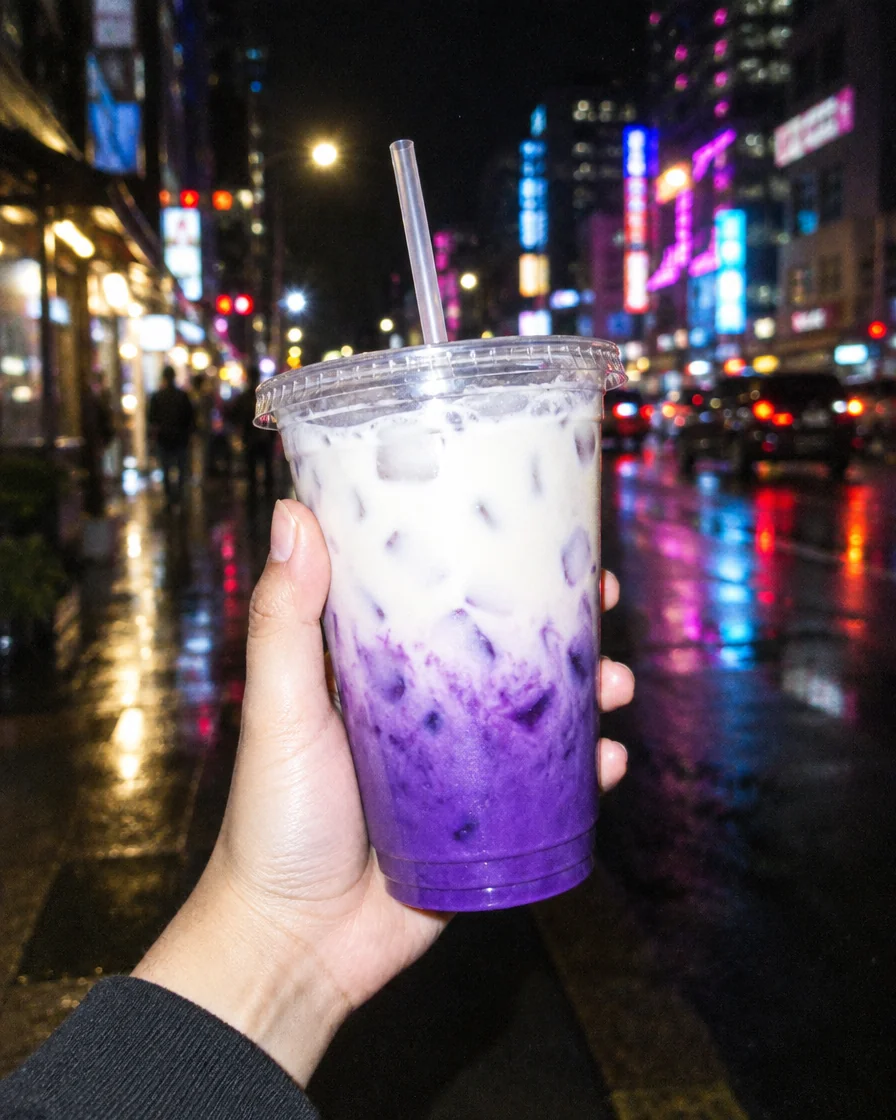 Becher mit lila Ube Milk Tea und Strohhalm, abends auf einer Straße in der Stadt