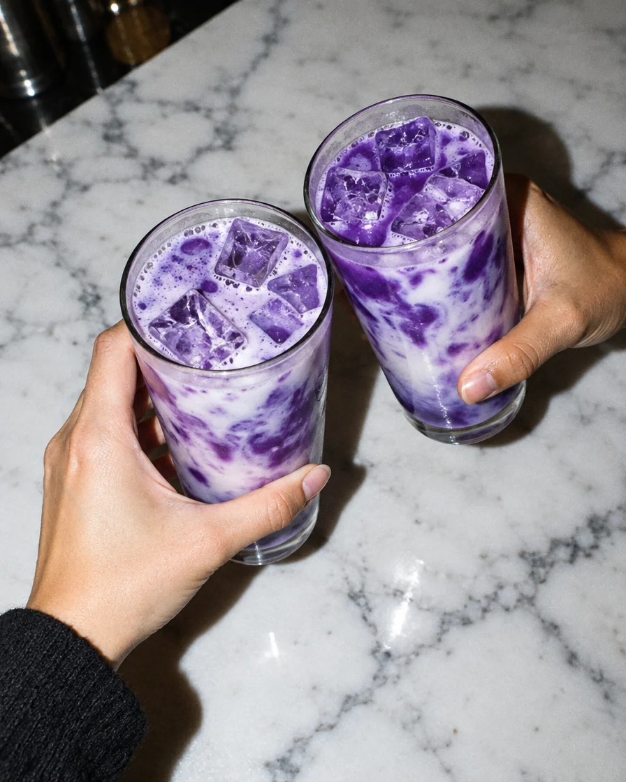 Zwei Gläser Iced Ube Latte auf einem Marmortisch