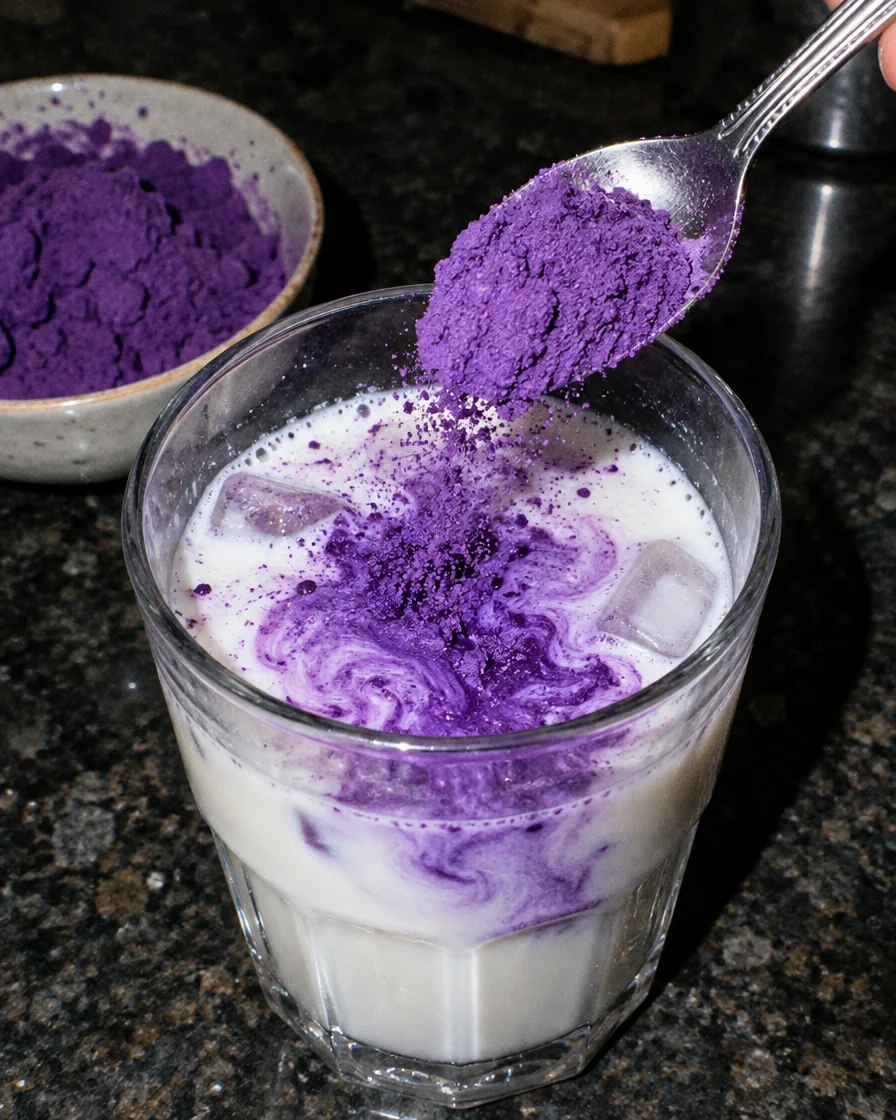 Ein Löffel Ube-Pulver kommt in ein Glas kalte Milch