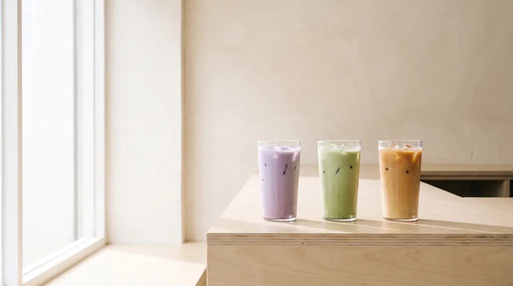 Drei Lattes in Lila, Grün und Braun auf einem hellen Tisch