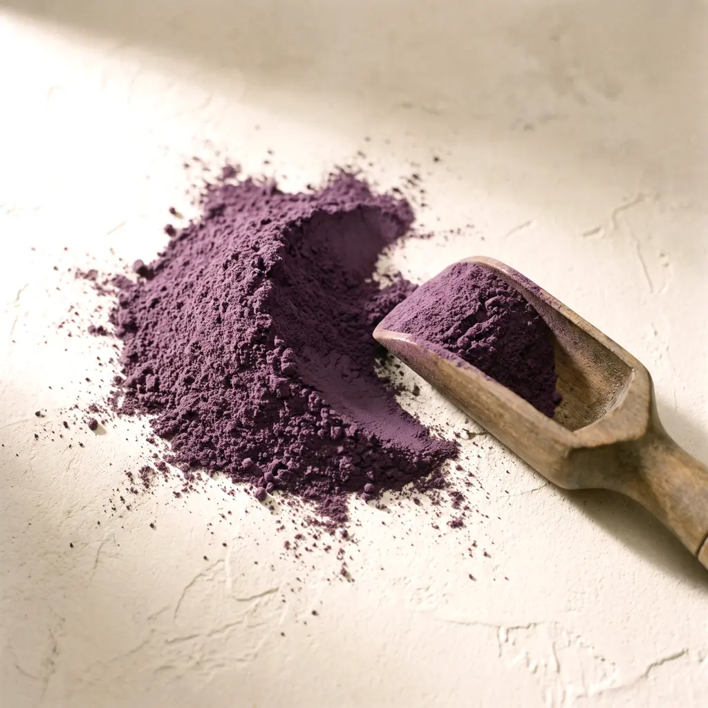 Purple ube powder with a wooden scoop