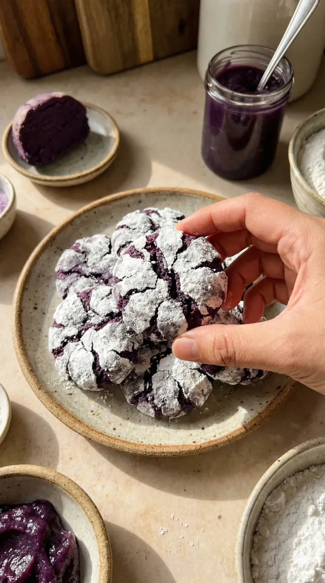 Ube crinkle cookies with a cracked icing sugar coating on a stoneware plate, a hand picking one up