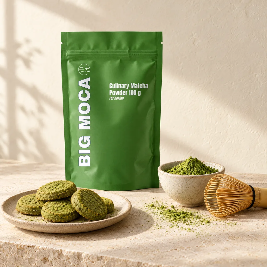 Beutel Big Moca Culinary Matcha mit Matcha-Keksen und einer Schale Matcha