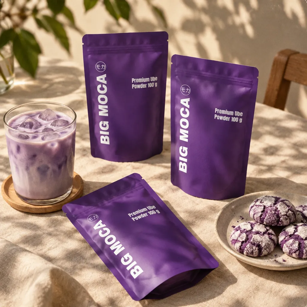 Three pouches of Big Moca ube powder with ube crinkle cookies and an iced ube latte
