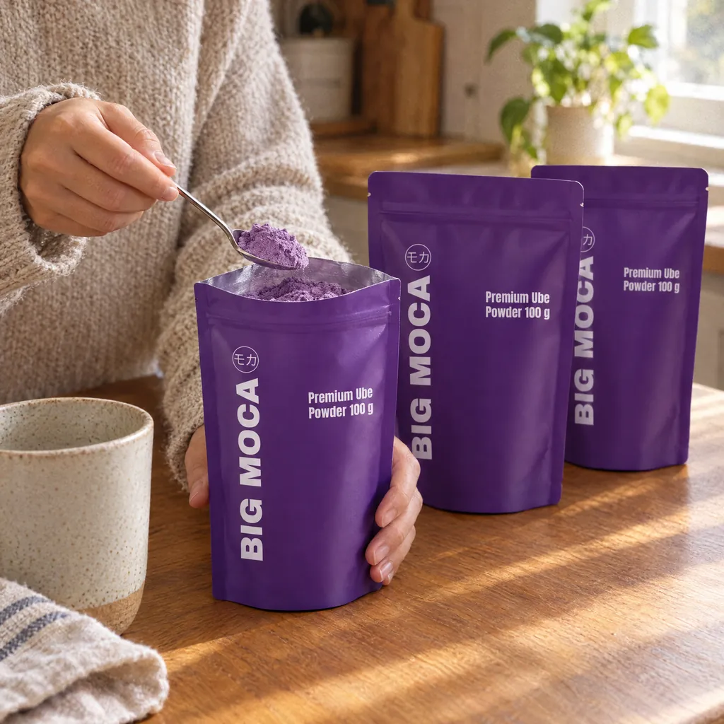 Drie zakken Big Moca Premium Ube Powder 100 g