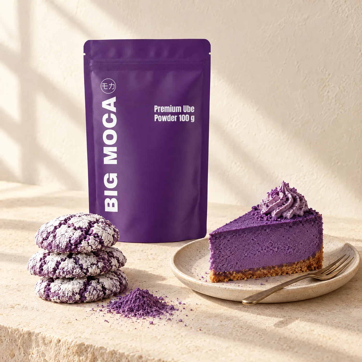 Beutel Big Moca Premium Ube Powder mit Ube Cheesecake und Ube Crinkle Keksen