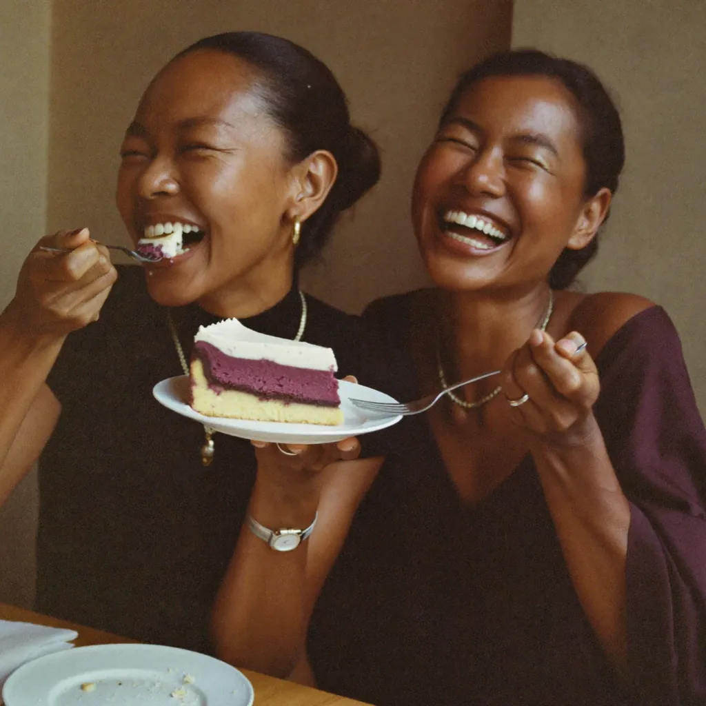 Two friends laughing over a slice of ube cheesecake