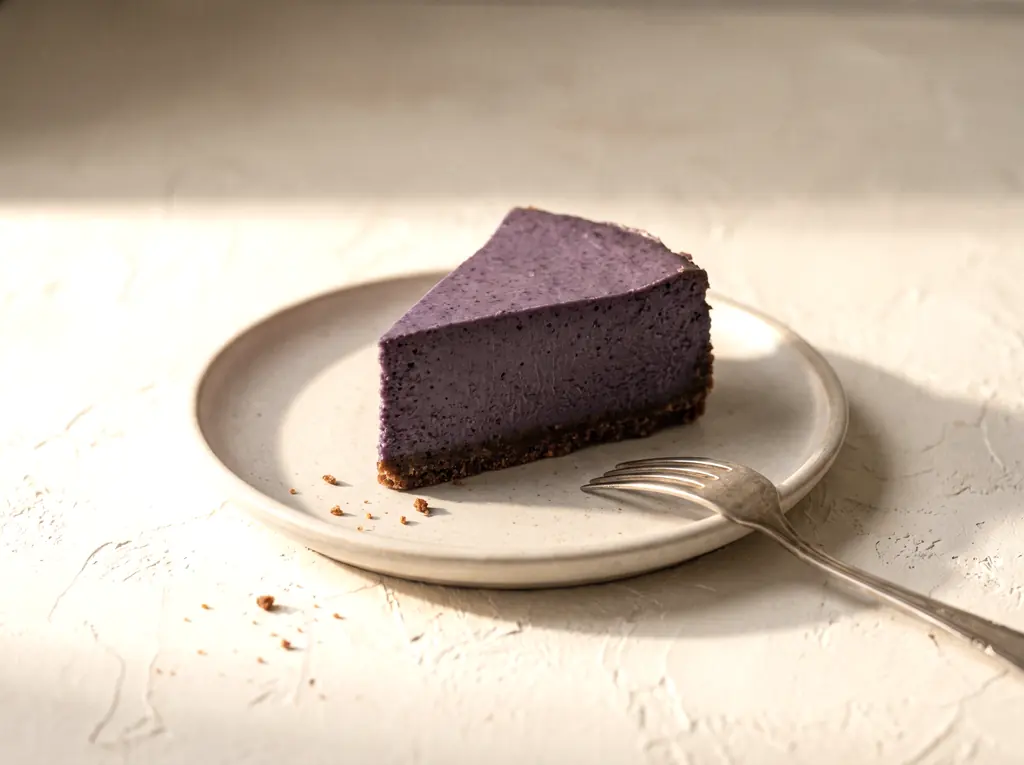 Ein Stück Ube-Käsekuchen auf einem Teller