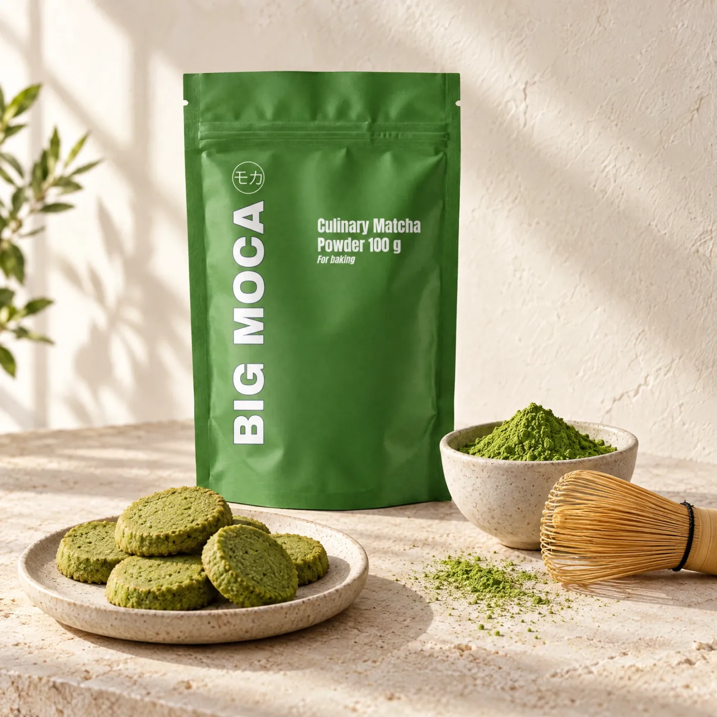 Big Moca Culinary Matcha 100 g met matchakoekjes en een bamboe klopper