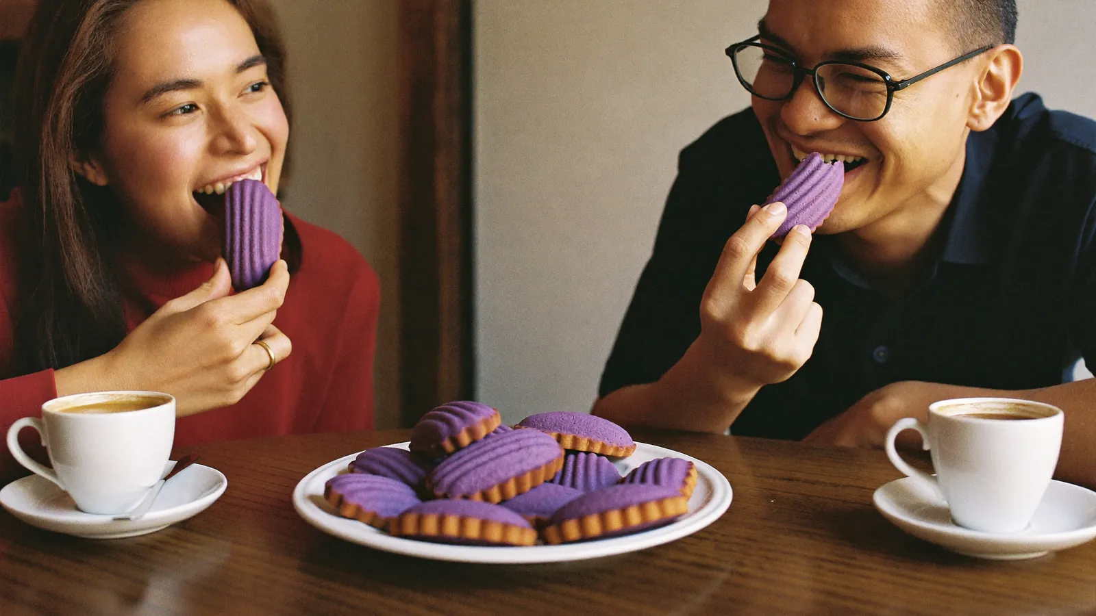 Two people eating purple ube madeleines with coffee