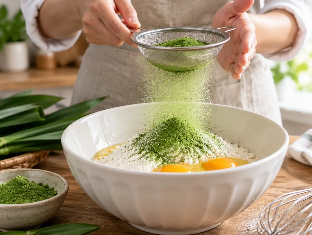 Poudre de pandan tamisée dans une pâte à gâteau