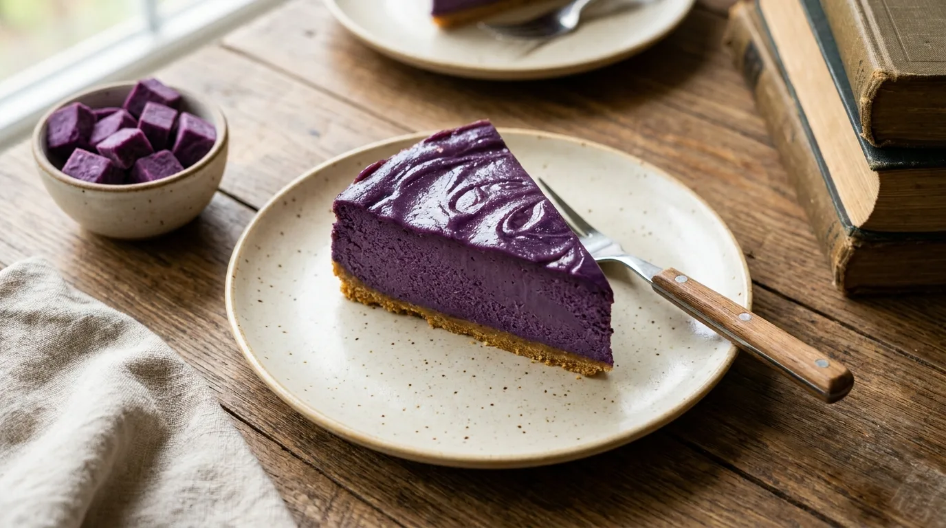 Een punt ube cheesecake met dieppaarse vulling op een bord