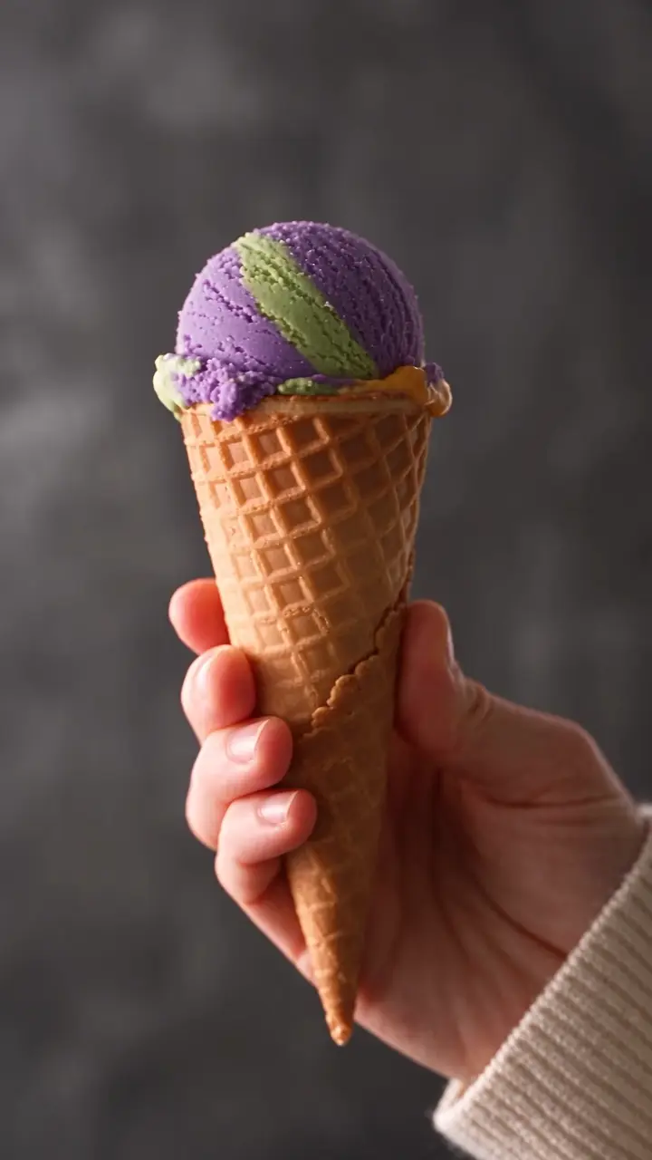 Hoorntje met ube matcha mango ijs