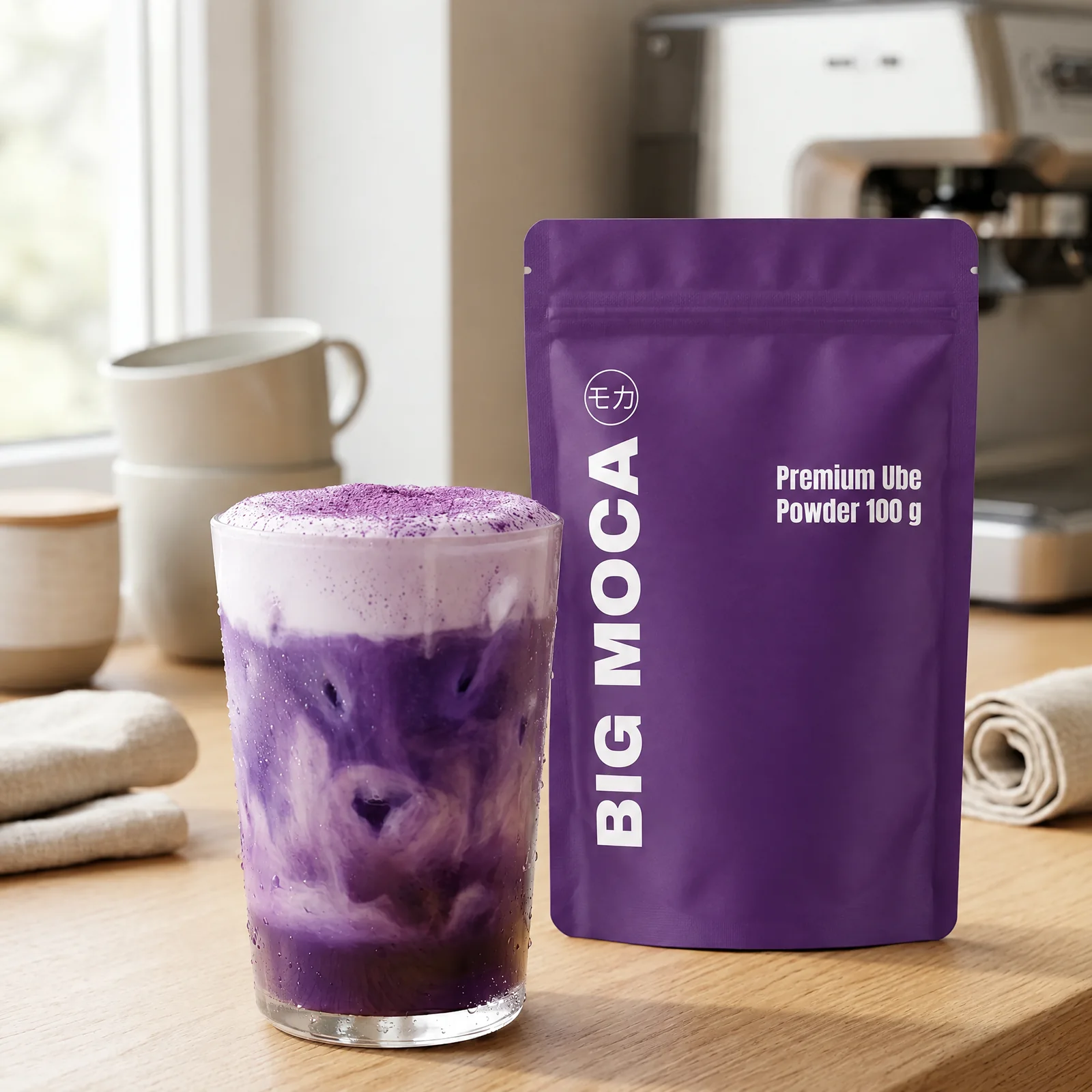 Big Moca Ube Pulver neben Ube Latte