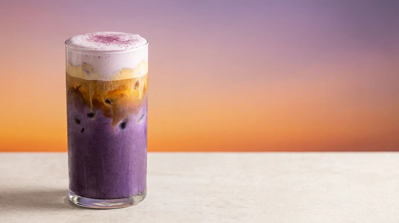 Ube sunset latte al caffè a strati: latte all'ube viola che sfuma nell'espresso con cold foam
