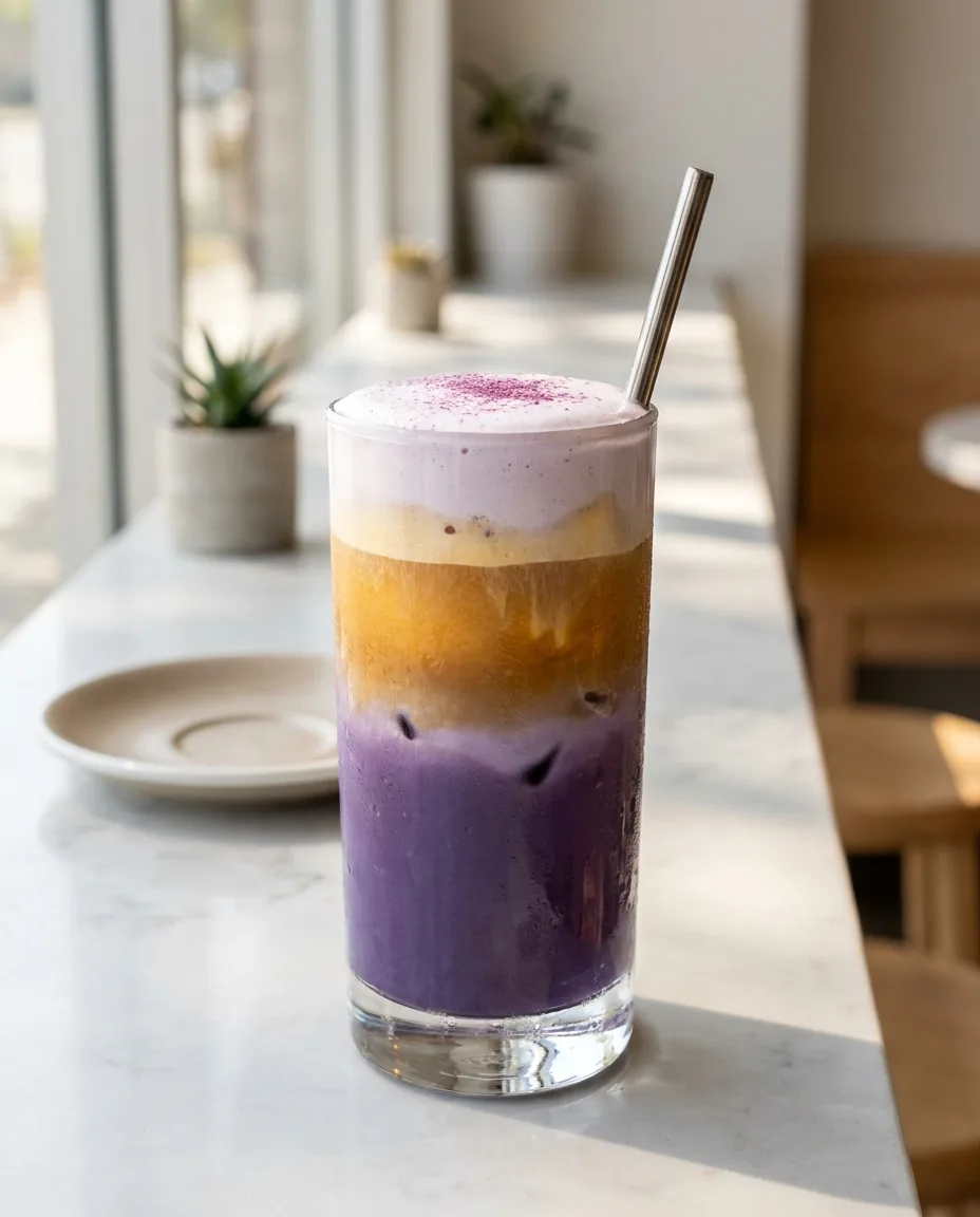 Ube sunset latte al caffè: un latte iced a strati con latte all'ube viola, espresso e cold foam