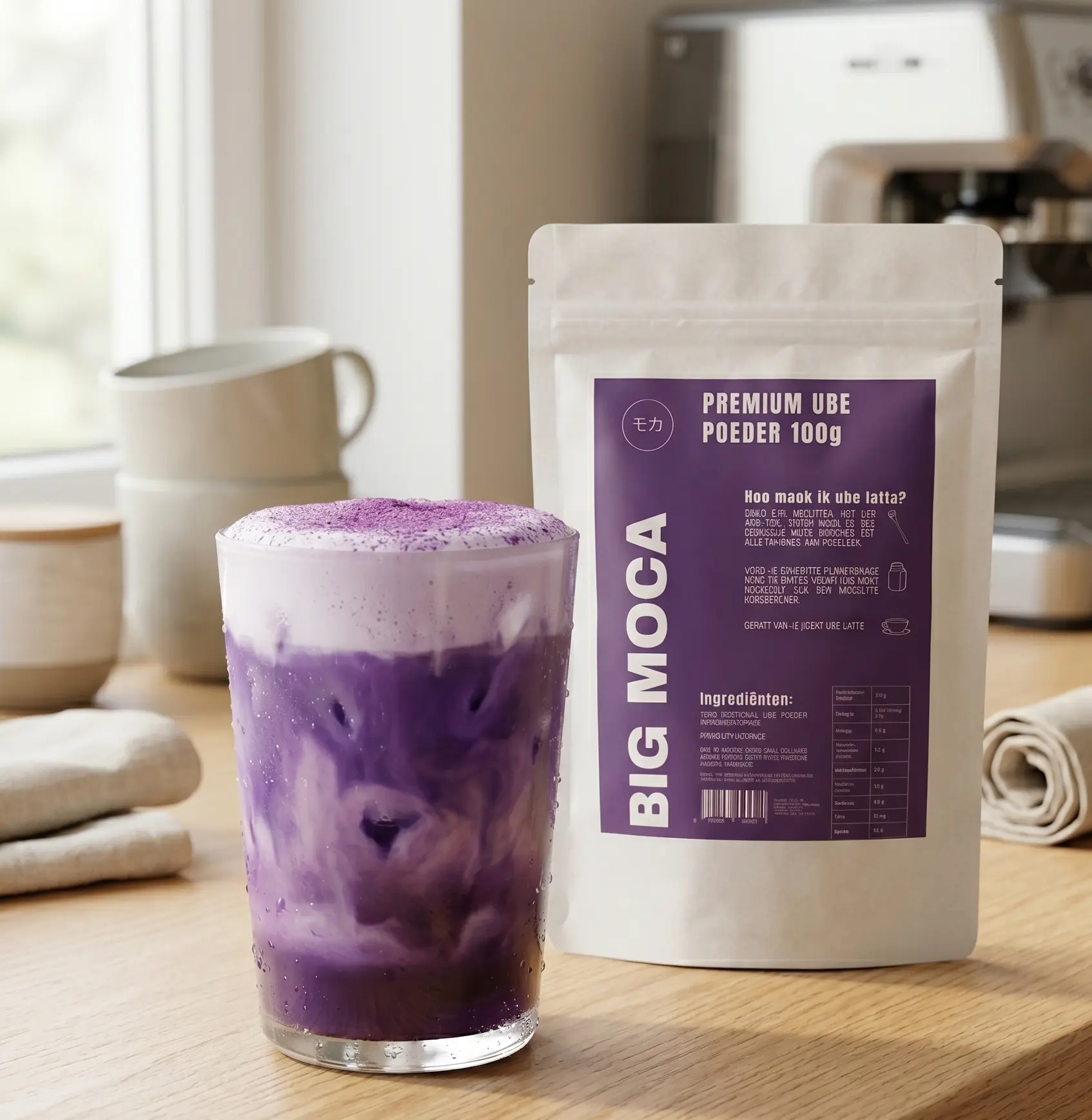 Big Moca ube powder next to ube latte